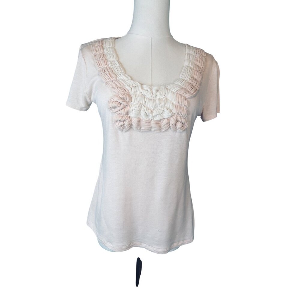 Banana Republic Petite S Knit Top Ruffled Front Detail Rayon Blend Light Pink